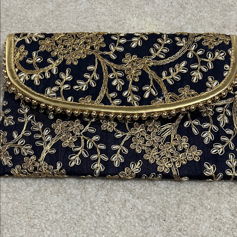 Embroidered Gold Floral Clutch Wristlet - Black & Gold